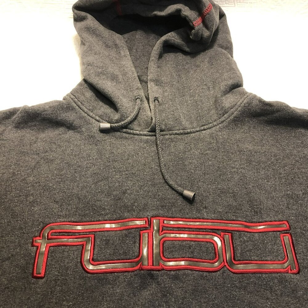 Fubu Charcoal Gray Hoodie Sweatshirt Red Accents Drawstring Hood Mens Size L - Picture 3 of 12